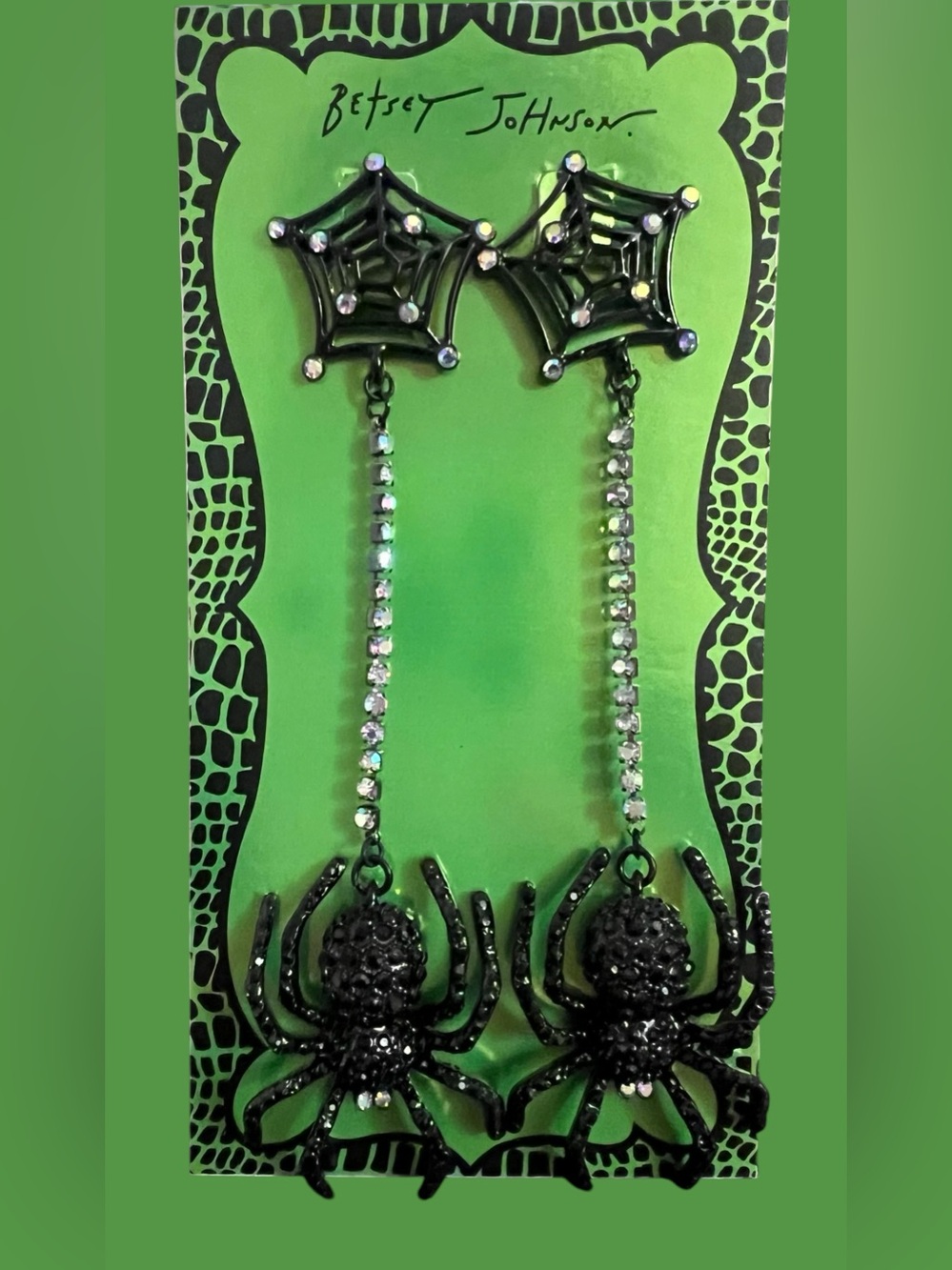 Betsey Johnson Black Spider Web Drop Earrings with Clear Rhinestone Chain